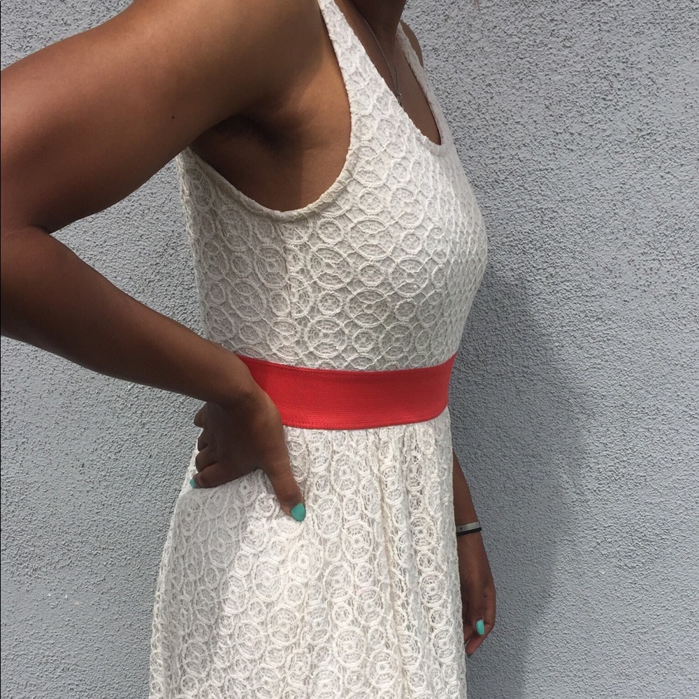 White Lace Summer Dress with Red Wasteband